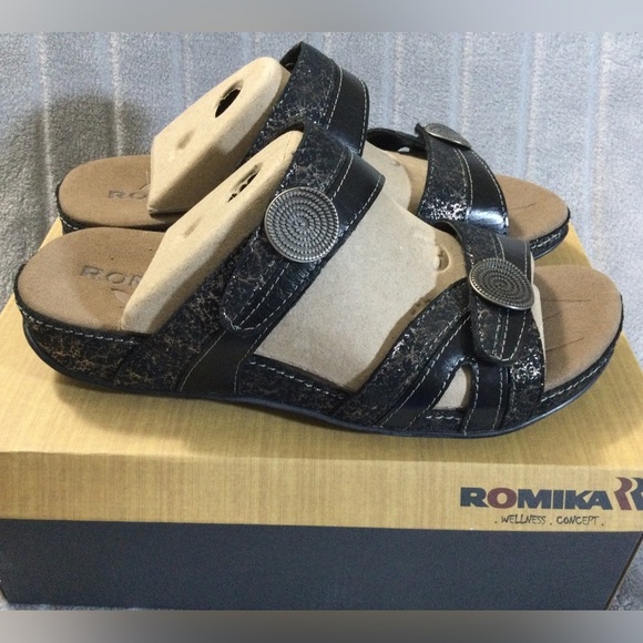 Romika Fidschi 22 Black Gold Women's Sandals EU 37 US 6 to 6.5 - Picture 1 of 13